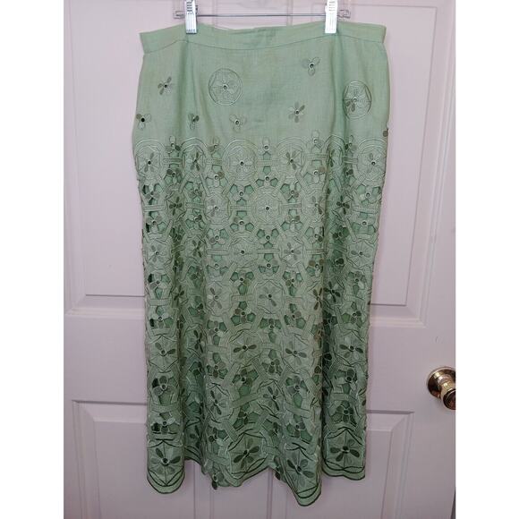 JSong Collection Women's 100% Linen Cutout Lace Midi A-Line Skirt Size 10 Green - Picture 1 of 6